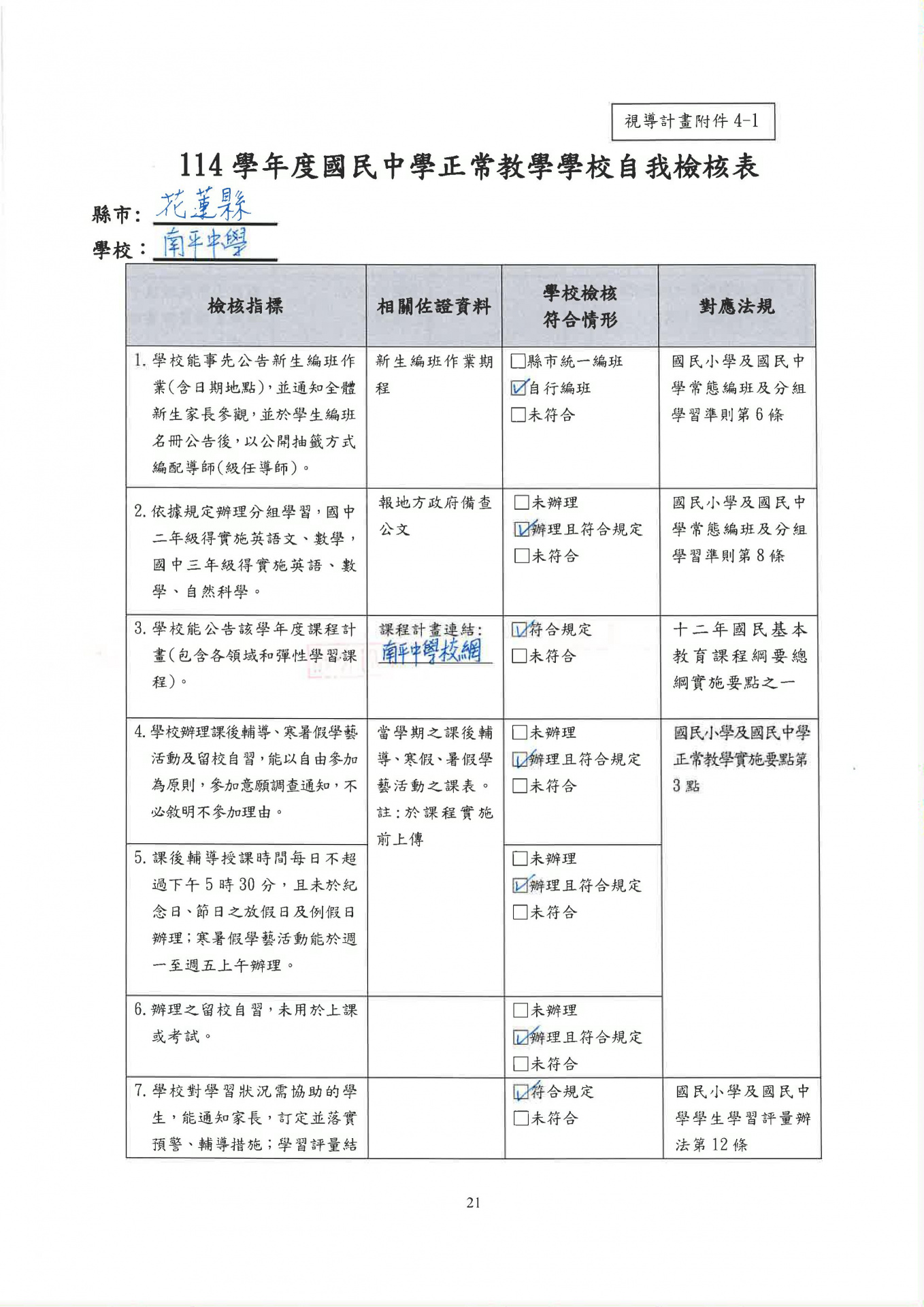 114 學年度國民中學正常教學學校自我檢核表 p1